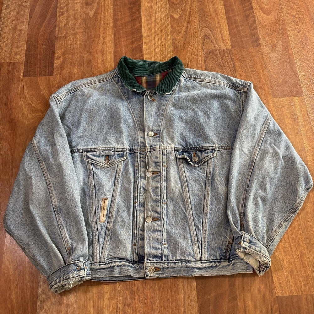 Arizona Jean Co Jacket Mens Large Blue Denim Corduroy Collar Bomber Plaid Lined